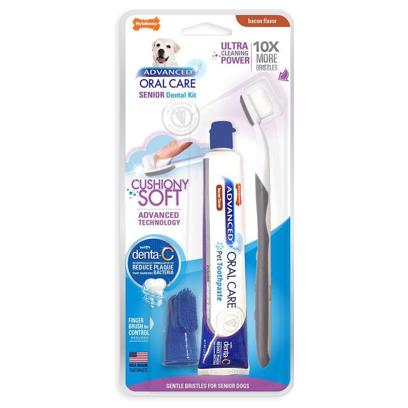 Nylabone Advanced Oral Care Senior Dog Dental Kit with Cushiony Soft-Bristle Toothbrush Senior 3 Count Bacon