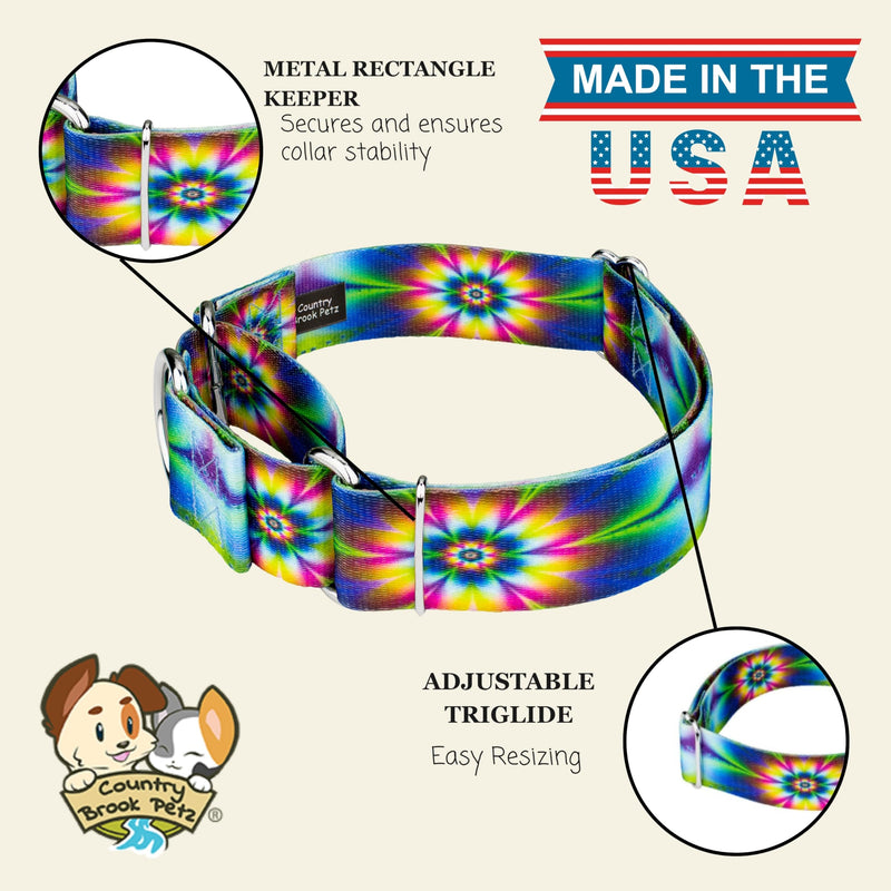 Country Brook Petz - HossFit Jr Wide Martingale Dog Collar - Groovy Collection Featuring Far Out Designs (Tie Dye Flowers, Medium) Medium (Pack of 1) Tie Dye Flowers