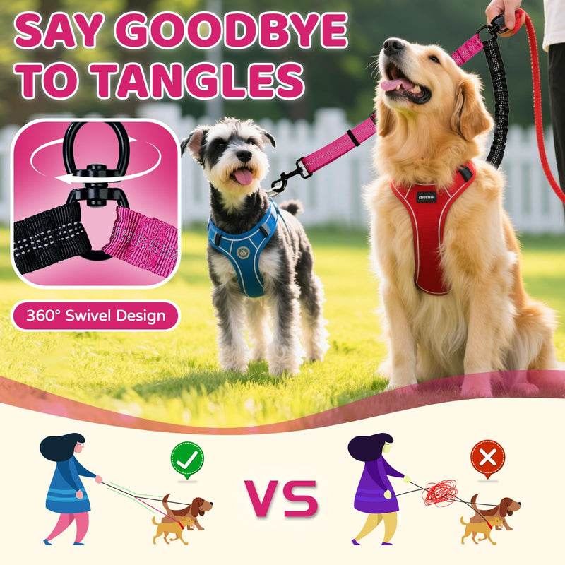 Double Dog Leash Coupler-360° Swivel, No Tangle Dual Walking Leash Attachment with Adjustable Strap & Reflective Shock Absorbing Bungee, Split Lead for Two Different Size Dogs - PawsPlanet Australia