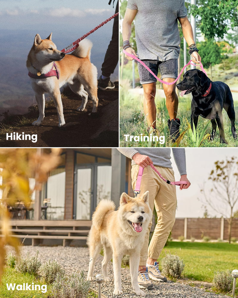 OutdoorMaster Bungee Dog Leash, Heavy Duty Dog Leash with Shock Absorption, 2 Padded Handles Training Leash, Improved Dog Safety and Comfort (Pink, 4FT) Pink Max: 4'9" - PawsPlanet Australia