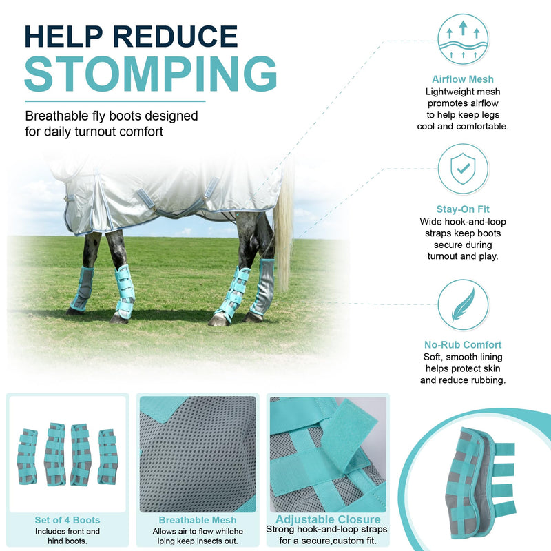 Horse Fly Boots Set of 4 - No-Rub Airflow Mesh Leggings to Reduce Stomping - Stay-on Breathable Horse Leg Wraps for Pasture, Stable & Field Green Full