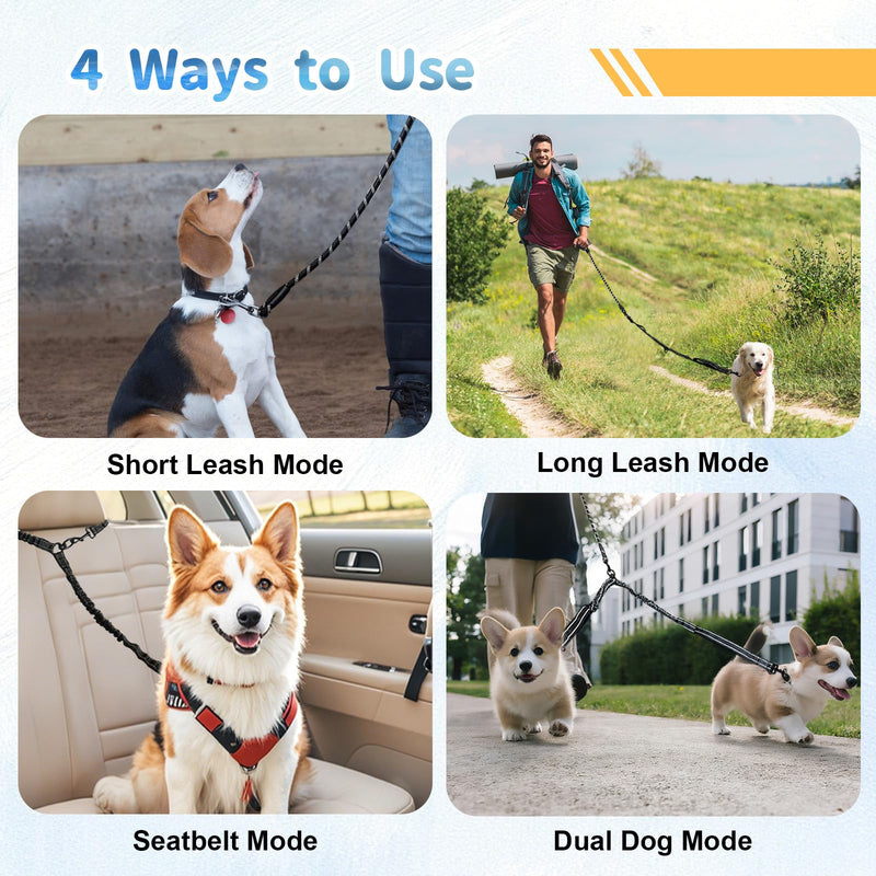 Double Dogs Leash - Removable Main Lead Rope with Splitter, No Tangle 2 Dog Coupler, Reflective No Pull Bungee, 3 Handle, D-Ring, Extra Long for Walk Train Medium Large Two Pet (Black) Black - PawsPlanet Australia