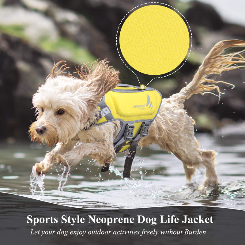 VIVAGLORY Lightweight Dog Life Jacket, Pet Life Preserver Life Vest Skin-Friendly Neoprene for Small Dogs with D-Ring and Quick Release Buckle, Yellow S: 19-22 inch (Ribcage Girth)