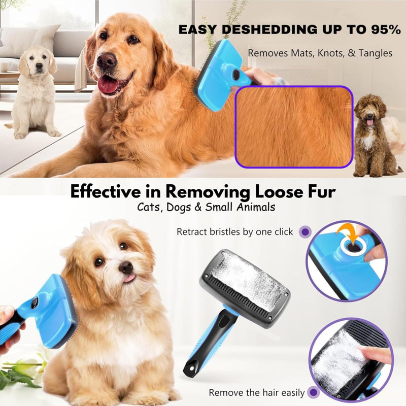 AINA Self-Cleaning Pet Grooming Brush | Pet Slicker Brush for Dogs & Cats Detangling & Fur Removal with Click Clean Button | Effective & Comfortable Pet Deshedding Brush, Perfect for Pet Grooming Small Light Blue - PawsPlanet Australia