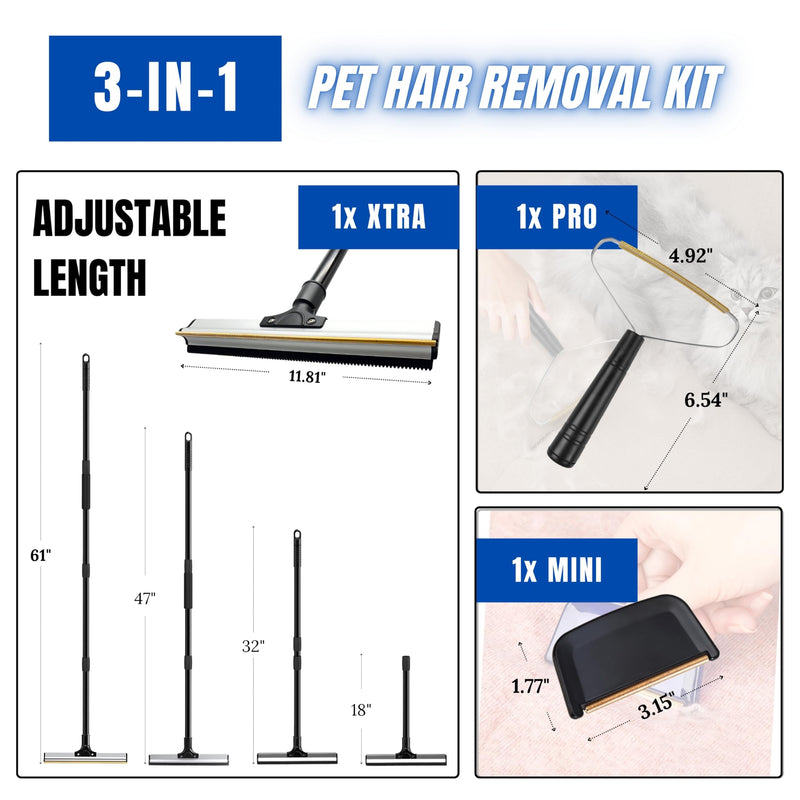 2025 Dual-Edge Carpet Rake for Pet Hair Removal & Fluffing Matted Carpet – 61" Adjustable Handle, Deep Clean Dog & Cat Hair Remover, Reusable Scraper for Rugs, Low Pile Carpet, Couch & Stairs (Set 3) Set 3 - PawsPlanet Australia