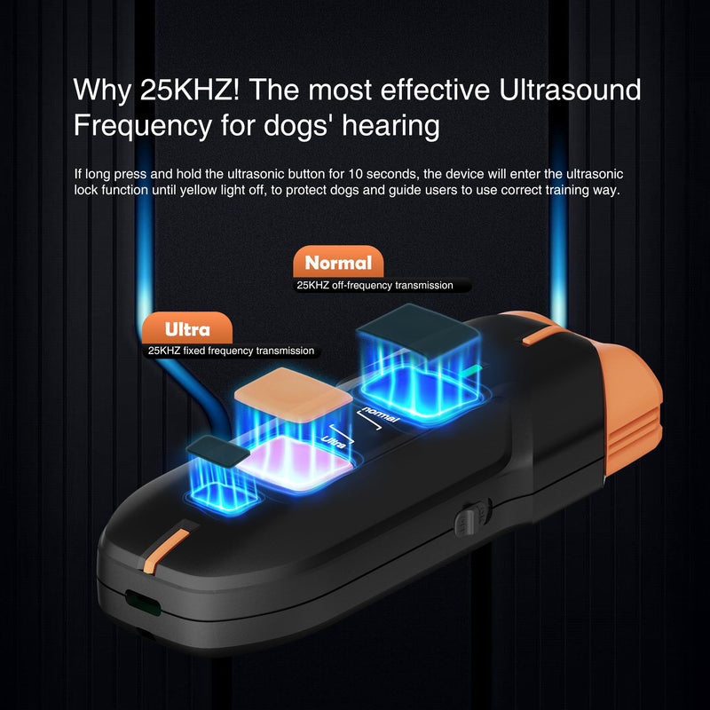 Ultrasonic Dog Trainer – 25 kHz Anti Barking Device for Dogs, Dual Modes & 30 ft Range, LED Flashlight, Safe Humane Dog Deterrent, USB-C Rechargeable 950 mAh Battery, Portable Training Tool
