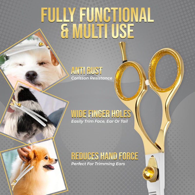 ZAVRIX Professional Dog Grooming Scissors – 7.5” Curved Thinning Shears with 34 Teeth, Pet Chunkers for Dogs & Cats, Premium 440C Stainless Steel Grooming Tools (Golden Polish Curved Thinning Scissor) Golden Polish Curved Thinning Scissor - PawsPlanet Australia