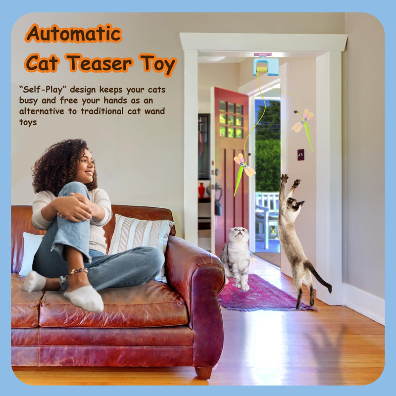 Interactive Hanging Cat Retractable String Toys for Indoor Kittens and Bored Adult Cats with 3 Flying Feathers, Automatic Electric Teaser for Enrichment and Chase, Rechargeable, Blue - PawsPlanet Australia