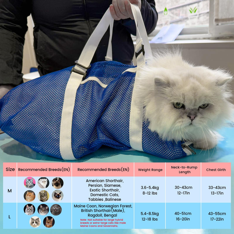 Cinf Cat Bathing Bag(Free Muzzle) Breathable Mesh Anti Scratch Adjustable Cat Grooming Bag for Nail Trimming, Bathing Soft Cat Washing Bag(Blue) M M-Drama Cat Blue
