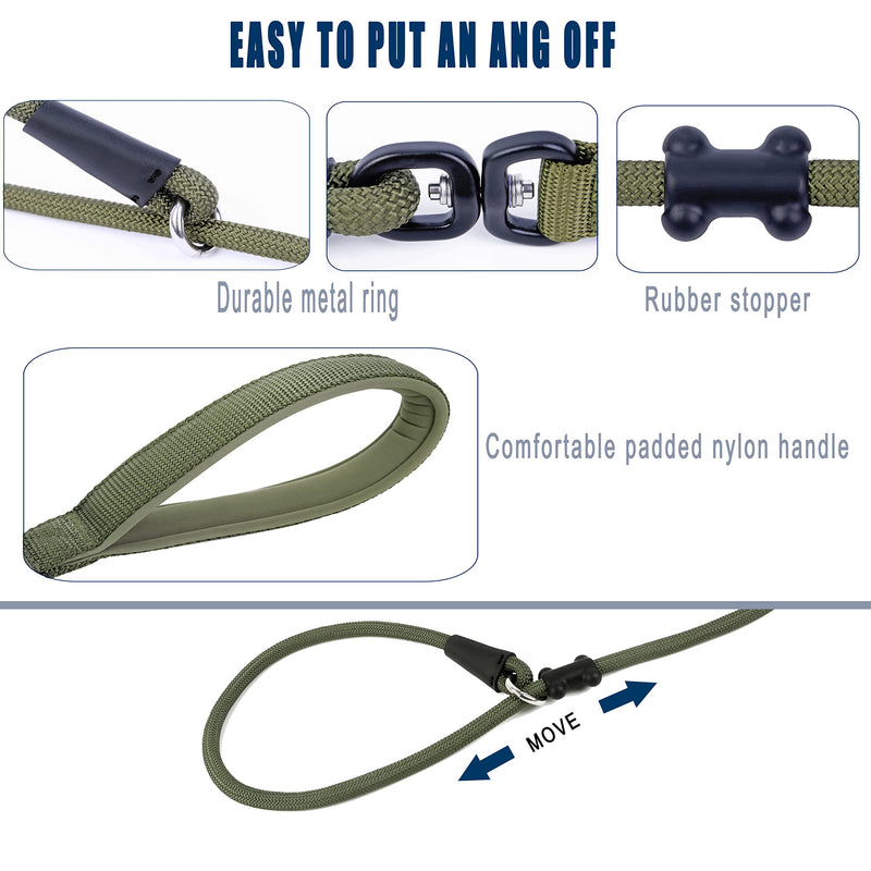 Slip Lead Dog Leash Strong Nylon Rope Leash with Comfortable Handles and Walking Training Lead for Small Medium Large Dogs (Army Green, 1/2"×6ft) Army Green