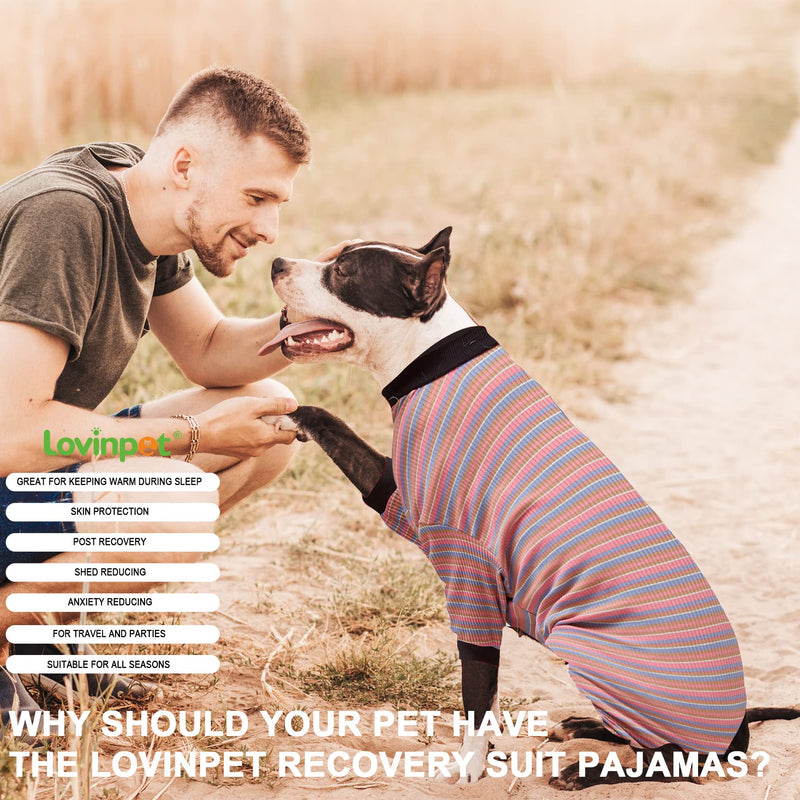 LovinPet Large Dog Pajamas, Cotton Multicolor Stripe Big Dog Shirt, Stop Shedding for Dogs, Full Body Dog Onesie, Pet Pajamas for Dogs, Pet PJ's, XL X-Large Pink Black - PawsPlanet Australia