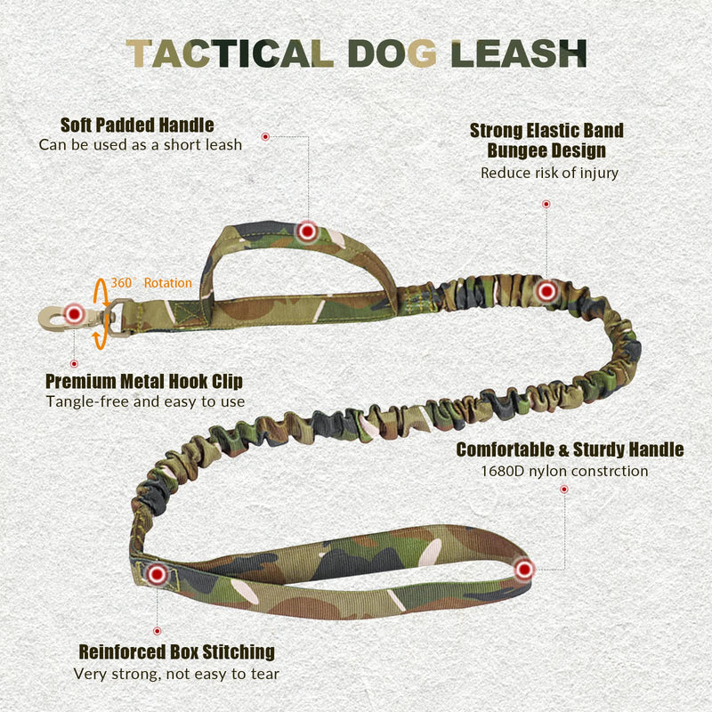 Tactical Dog Collar and Bungee Leash, Camo Military Dog Collar & Leash Set with USA American Flag Adjustable K9 Collar with Heavy Duty Metal Buckle & Handle,with Patches and Airtags Case (XL, Camo) XL - PawsPlanet Australia