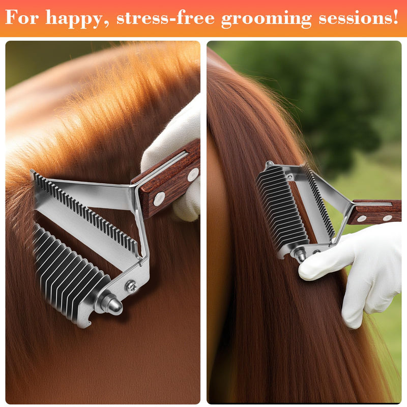 2 in 1 Horse Grooming Comb Mane Deshedding Tool Goats Cow Brush, Horse Brush Set with Leather Show Comb Holder,20 Stainless Blades and Wood Handle,Livestock,Pet - PawsPlanet Australia