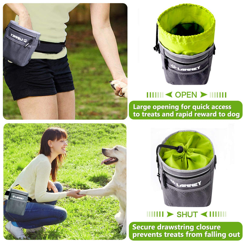 Dog Treat Pouch - 3 Ways to Wear Dog Treat Bag, Dog Training Treat Pouches for Pet Training with Clicker, Shoulder Strap, Adjustable Belt, Poop Bag Dispenser, Easily Carrying Kibble Snacks Pet Toys Pouch(Gray with Green)+Clicker