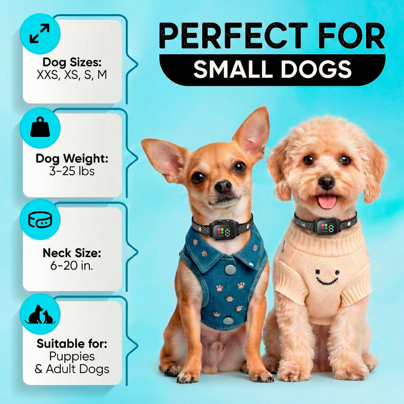 Tiny Bark Collar for Small Dogs 5-15 lbs and Puppies - No Shock Anti Barking Collar - Rechargeable Smart Collar for Dog Training with 7 Sensitivity Levels and 3 Beep&Vibration Modes (Black) Black - PawsPlanet Australia