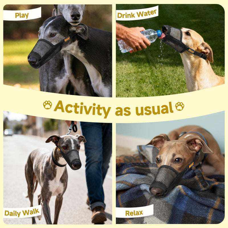Mayerzon Greyhound Whippet Dog Muzzle, Soft Mesh Muzzle for Long Nose Dogs to Prevent Excessive Biting Chewing Eating, Suitable for Grooming Walking Vet Visits, Allowing Drinking Breathing (Black, L) Black L [Snout Cir: 8.25-9.5"] - PawsPlanet Australia