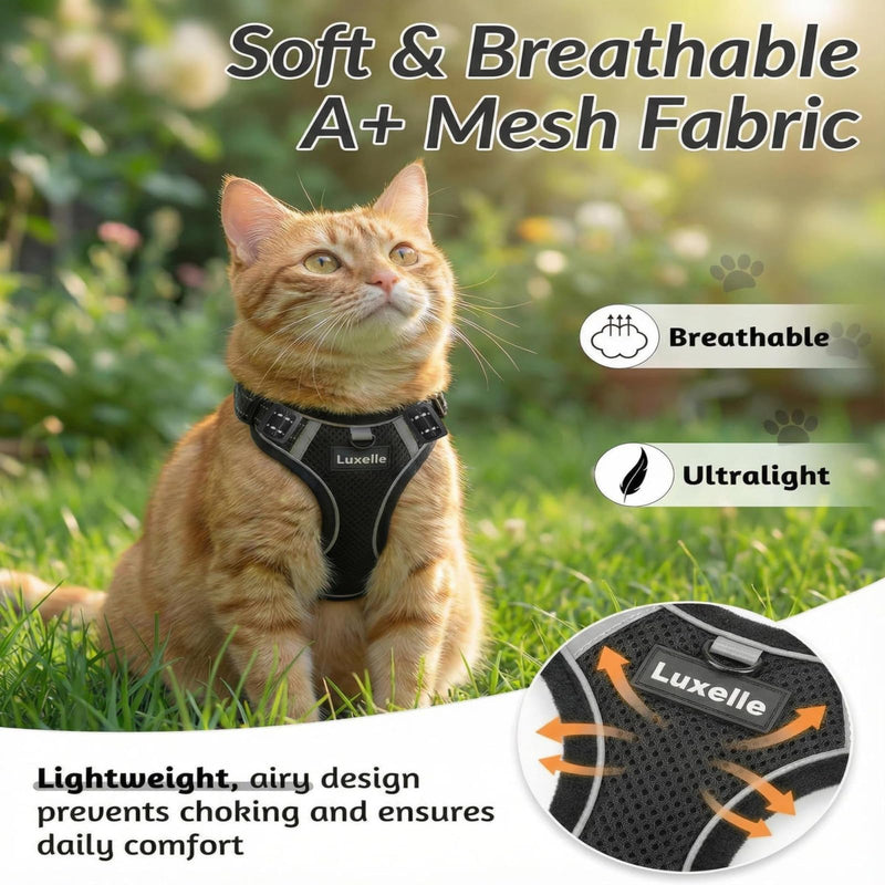 Luxelle Escape-Proof Cat Harness and Leash Set – Adjustable No Pull Soft Vest with 360° Reflective Straps, Built-in Pocket & Wrist Strap, Breathable Mesh Outdoor Harness Black XS
