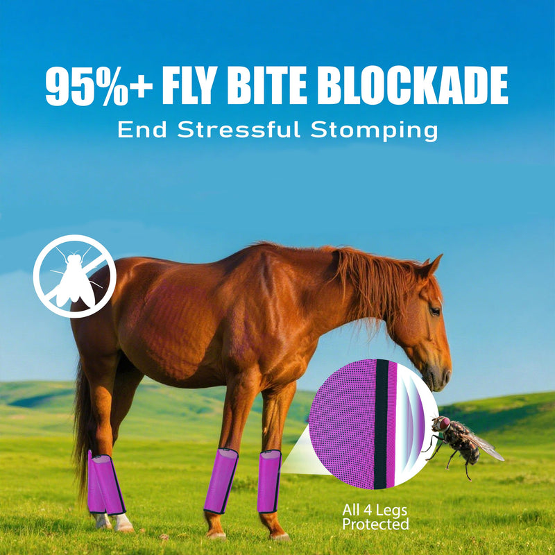 Mesh Horse Fly Boots Set of 4, Loose Fitting Shoofly Leggings for Horses with Breathable & Adjustable, Fly Leg Wraps for Horses Stop Annoying Stomping, Stay-on Comfortable Shoo Fly Boots (Purple)