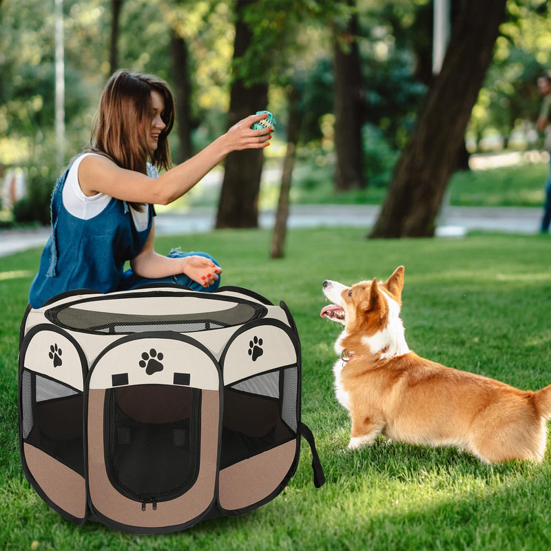 Dog playpen, Foldable Puppy Playpen, Pet Playpen Carrier Pop Up Tent 8-Panel Mesh Cover Adorable Design 600D Soft Oxford Playpen Kennel for Indoor-Outdoor Dog Cat Rabbit. (M 35" 35" 24", Brown) M 35" * 35" * 24" - PawsPlanet Australia