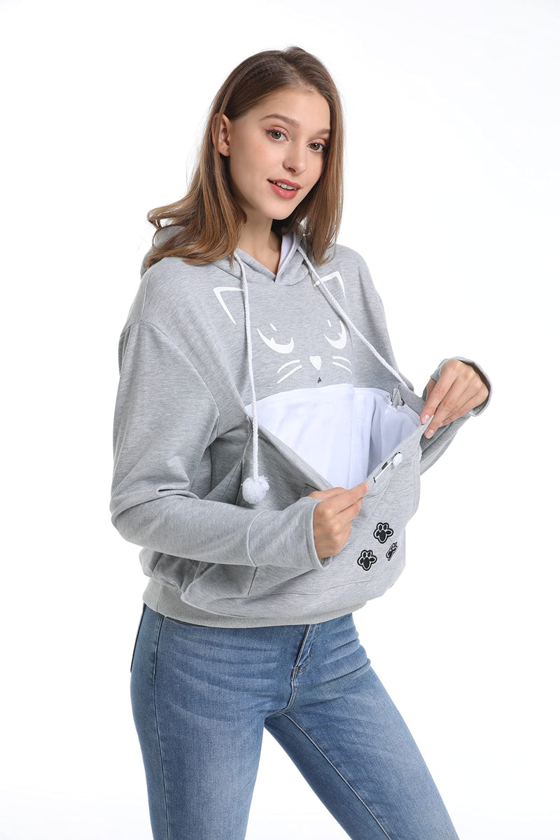 ALYC Unisex Hoodies Pet Holder Cat Dog Kangaroo Pouch Carries Pullover with Cat Printing Sweatshirt (Light Grey, XXL) Light Grey XX-Large - PawsPlanet Australia