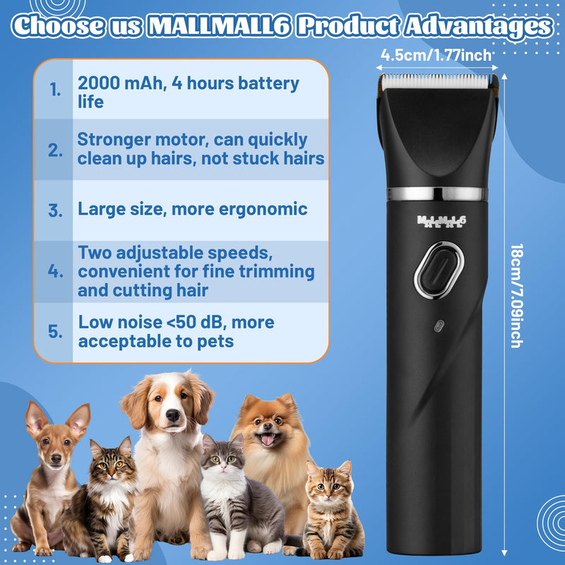 MALLMALL6 4 in 1 Dog Cat 7500RPM Power Motor Grooming Kit, 2000mAh 4 Hours Battery Life Pet Hair Clipper, 1.77” Width 2 Speed Low Noise Multifunctional Shaver, 16 Pet Grooming Tools Paw Trimmer Black