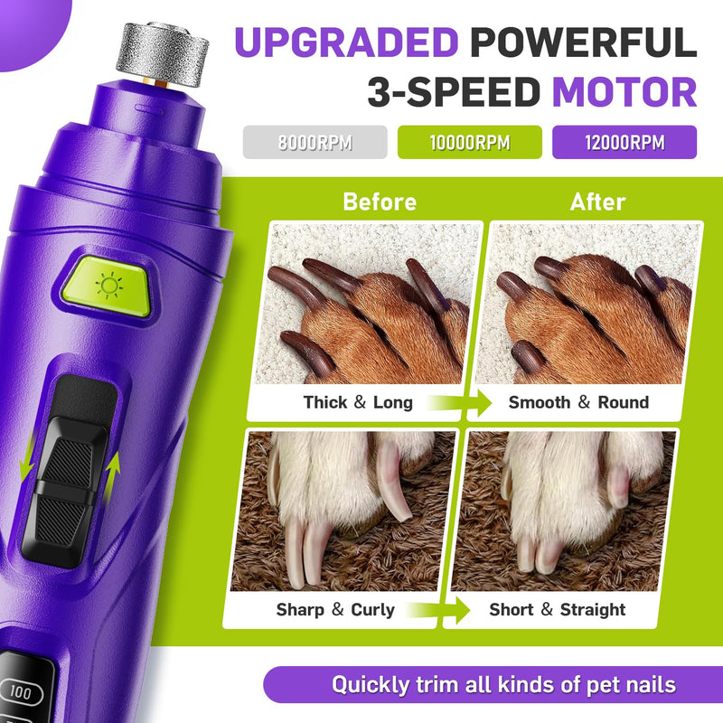 Dog Nail Grinder & Clipper 2-in-1 Set - 25dB Ultra Quiet with 3 Grinding Wheels & 2 LED Lights, Rechargeable for Large/Puppy Dogs & Cats, 3-Speed Adjustable for Anxious Pets Purple - PawsPlanet Australia