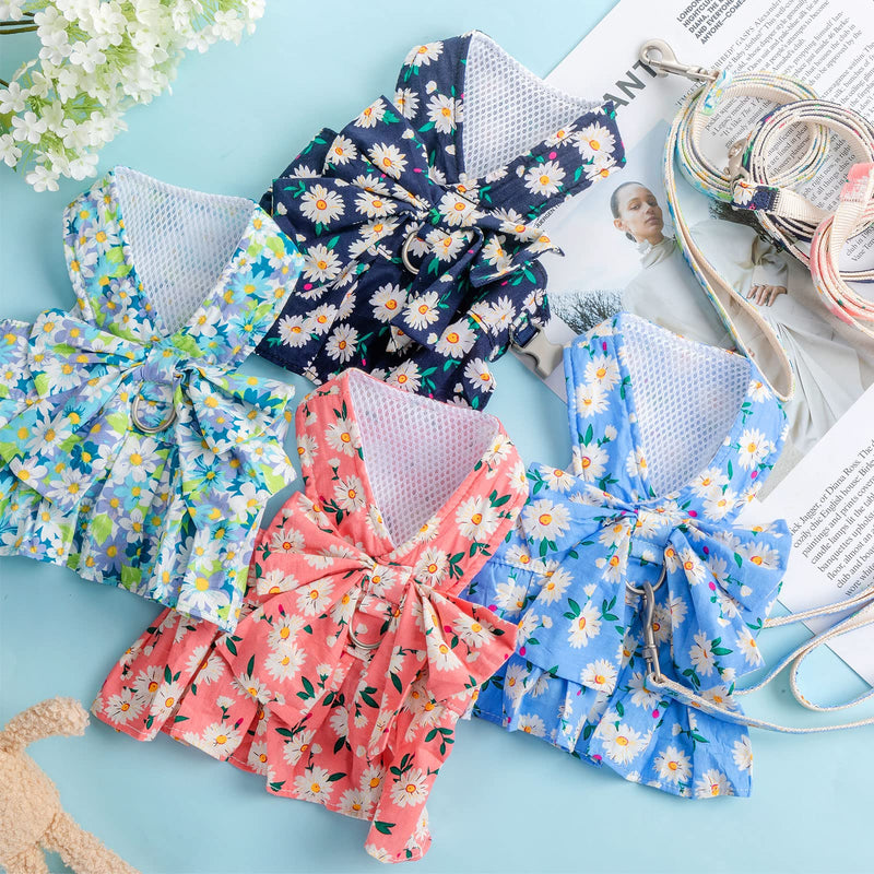 Sanwuta 4 Pack Harness Dog Dress Bowknot Leash Set Floral Princess Dog Harness Dress Vest with Leash Pet Doggy Outfits for Outdoor Walking, 4 Colors(Medium) Medium - PawsPlanet Australia