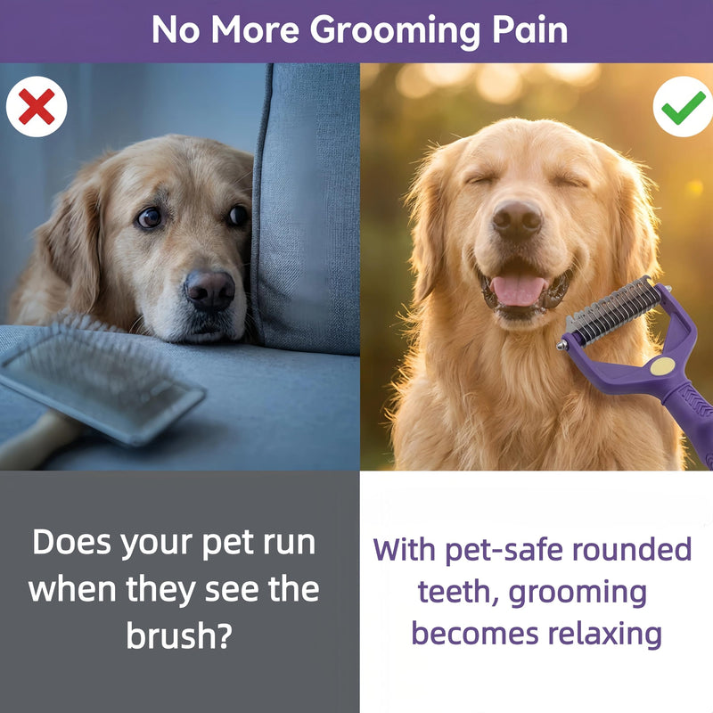 Dog Dematting Comb, 3-in-1 Pet Grooming Tool with 9+17 Teeth & Flea Remover, Stainless Steel Undercoat Rake for Matted Hair, Long-Haired Dogs Cats