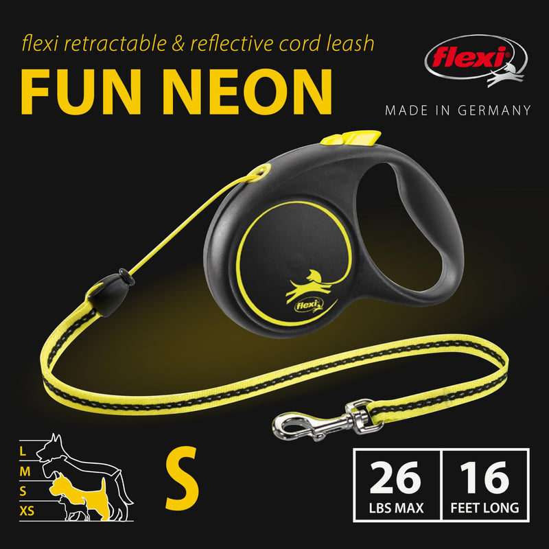 FLEXI New Fun Neon Retractable Dog Leash, Comfortable and Stylish, Small - Cord, 16-Feet, Black with Neon, up to 26 lbs Small - Cord - 16ft