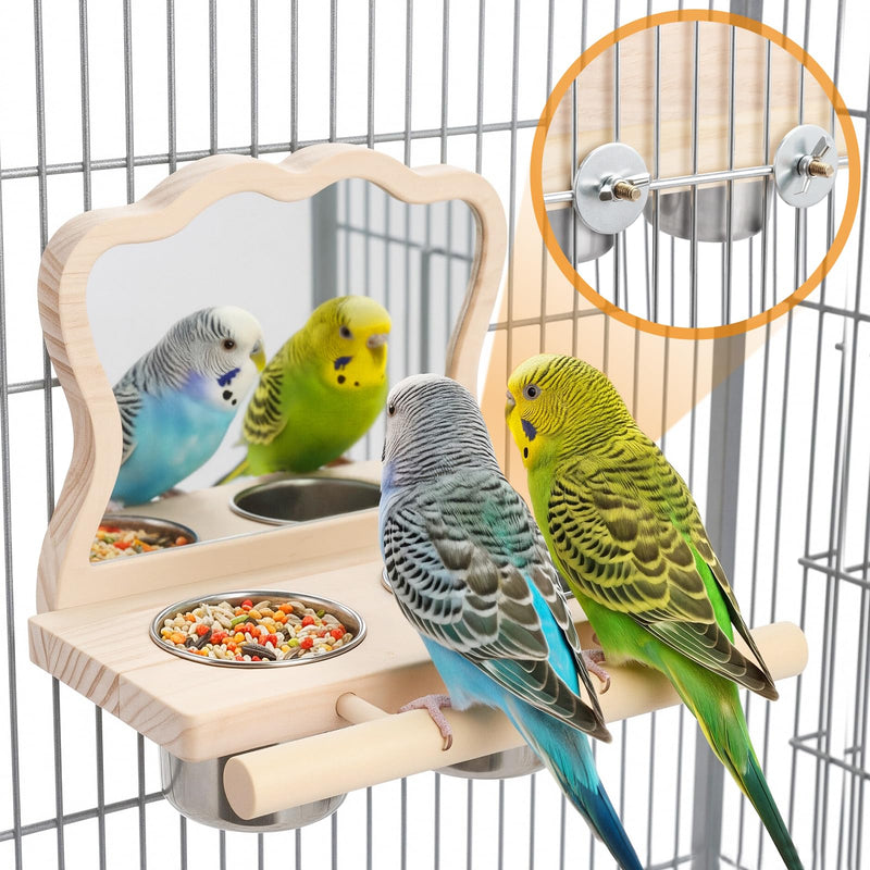 Bird Perch Platform Toy with Mirror, Standing Rack & Stainless Steel Bowl - Wooden Play & Exercise Gym Stand, Cage Accessory for Cockatoos, Lovebirds, Budgies, Pacific Parrotlets & Canaries 1