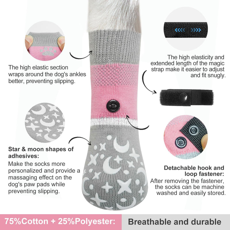 BEAUTYZOO Dog Socks to Prevent Licking Paws, Reflective Dog Socks for Hardwood Floors Anti Slip, Dog Shoes for Hot Pavement- Anti Twist Thick Grip-Small Medium Large Senior Dog Boots & Paw Protectors S(Pack of 4) Grey_Star & Moon - PawsPlanet Australia