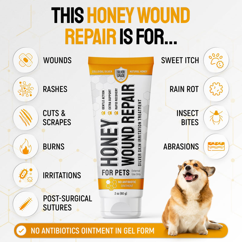 Hot Spot Treatment for Dogs & Cats – No Antibiotic Wound Ointment for Dogs – Scratches & Irritations – Honey Wound Repair Gel for Horses – Colloidal Silver – 2-Oz Tube