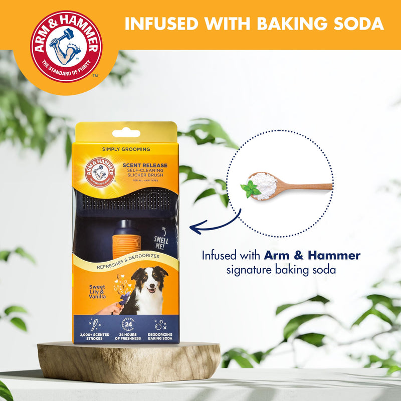 Arm & Hammer “Simply Calm” Dog Grooming Slicker Deodorizing Brush with Fragrance Transfer Technology – Scented Self-cleaning for Shedding, Scented for Dogs with Sweet Lily & Vanilla Scent Navy & Yellow Slicker Brush - Sweet Lily & Vanilla - PawsPlanet Australia