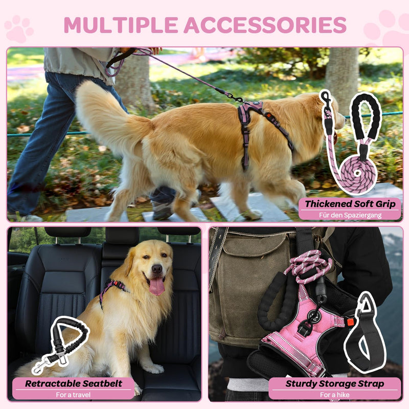 FURRYFECTION No-Pull Dog Harness Medium Dogs | French Bulldog Harness, Y-Shaped Reflective Oxford Vest with Padded Handle, Adjustable Straps & Front-Back Leash Clips, Training Collar and Lead Sets M Pink