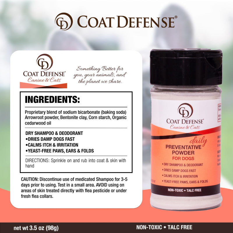 COAT DEFENSE Preventative Powder | Made in USA | 3.5oz Waterless Dog Shampoo & Pet Deodorizer for Smelly Dogs | Provides Anti Itch Relief | Dog Shampoo for Dry Itchy Skin & Dog Shampoo for Smelly Dogs - PawsPlanet Australia