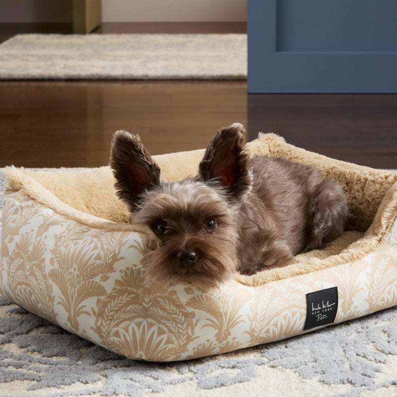 Nicole Miller New York PET Mod Damask Plushy Bolster Pet Bed, Cozy & Calming, Non-Slip Bottom, Machine Washable Cover, Taupe, Extra Small 19"x15"x6" 18.5"L x 14.6"W x 6.3"Th - PawsPlanet Australia