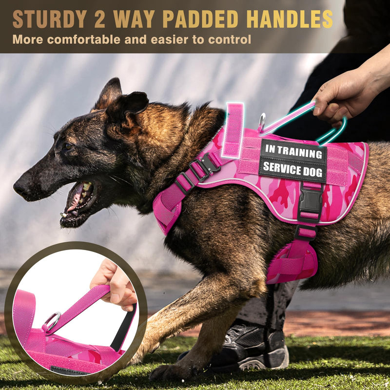 WINSEE Tactical Dog Harness for Medium Dog, Heavy Duty Service Working MOLLE Vest with 10 Pet Patches, 2X Metal Buckle Vest for Training Hunting Walking Camo Pink - PawsPlanet Australia