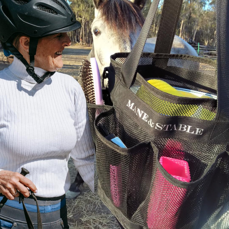 Horse Grooming Bag Hanging Tote with 8 Pockets - Lightweight Mesh Organizer for Horse Supplies, Adjustable Shoulder Strap + Bonus Grooming Set Black - PawsPlanet Australia