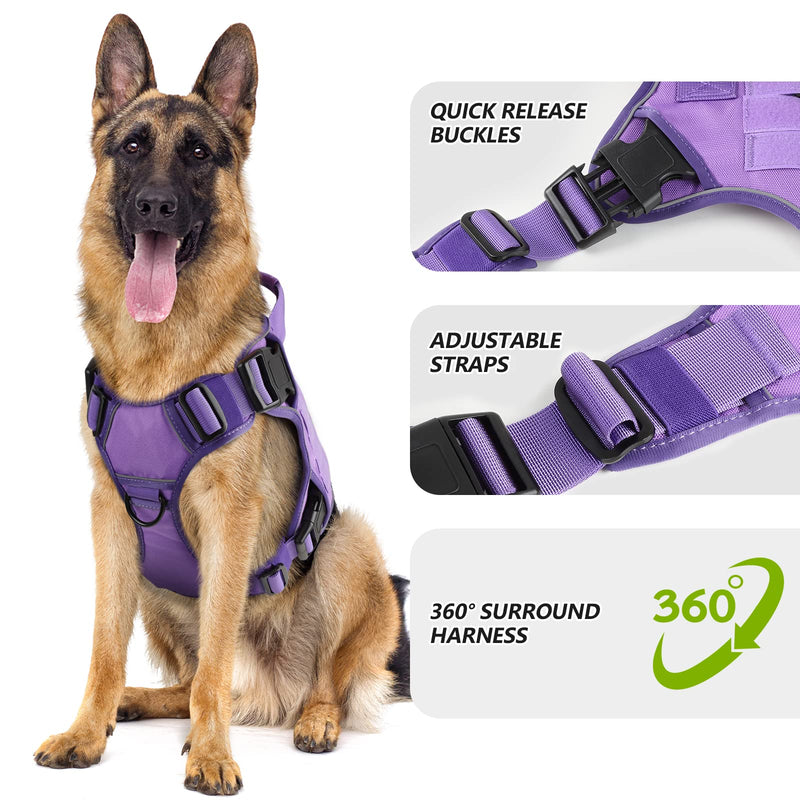WINGOIN Purple Tactical Dog Harness with Handle Tactical Dog Harness for Large Dogs No Pull Adjustable Pet Harness Reflective K9 Military Service Dog Vest for Walking Hiking Training (L) L: 45-80 lbs (Chest:27-37",Neck:19-25") - PawsPlanet Australia