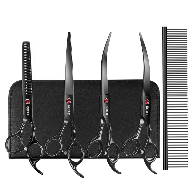 7.0in Titanium Professional Dog Grooming Scissors Set, GEMEK 6 in 1 Straight & Thinning & Upwards Curved & Downwards Curved Scissors & Comb for Dogs, Cats and Other Animals Black 7inch - PawsPlanet Australia