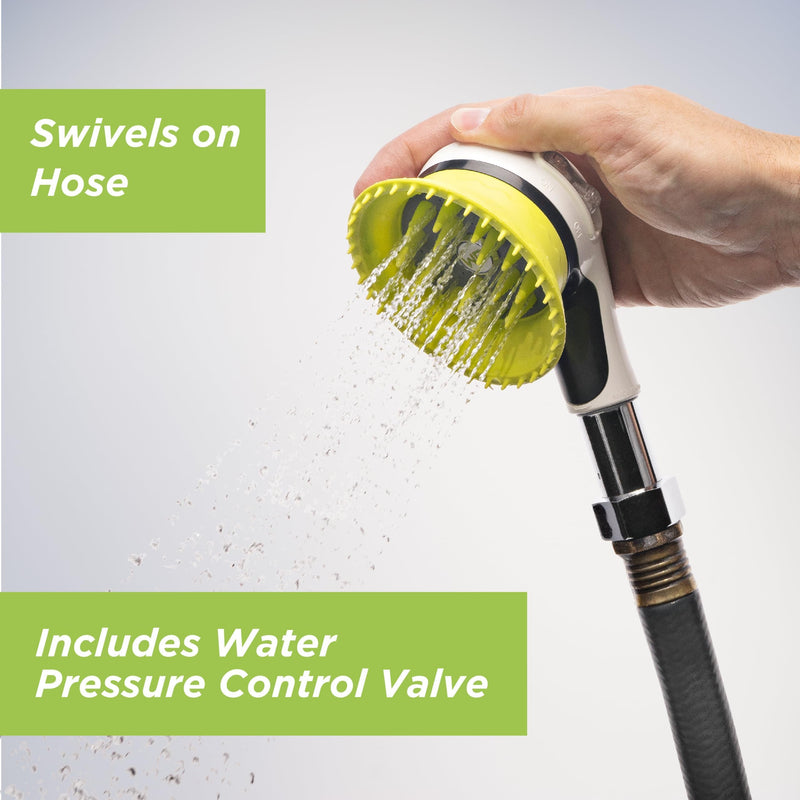 Outdoor Dog Wash Garden Hose Nozzle for Bathing and Quick Paw Rinses. Splash Shield Handle and Rubber Grooming Brush. Metal Connection. Swivels on Hose with Water Pressure Control. White - PawsPlanet Australia