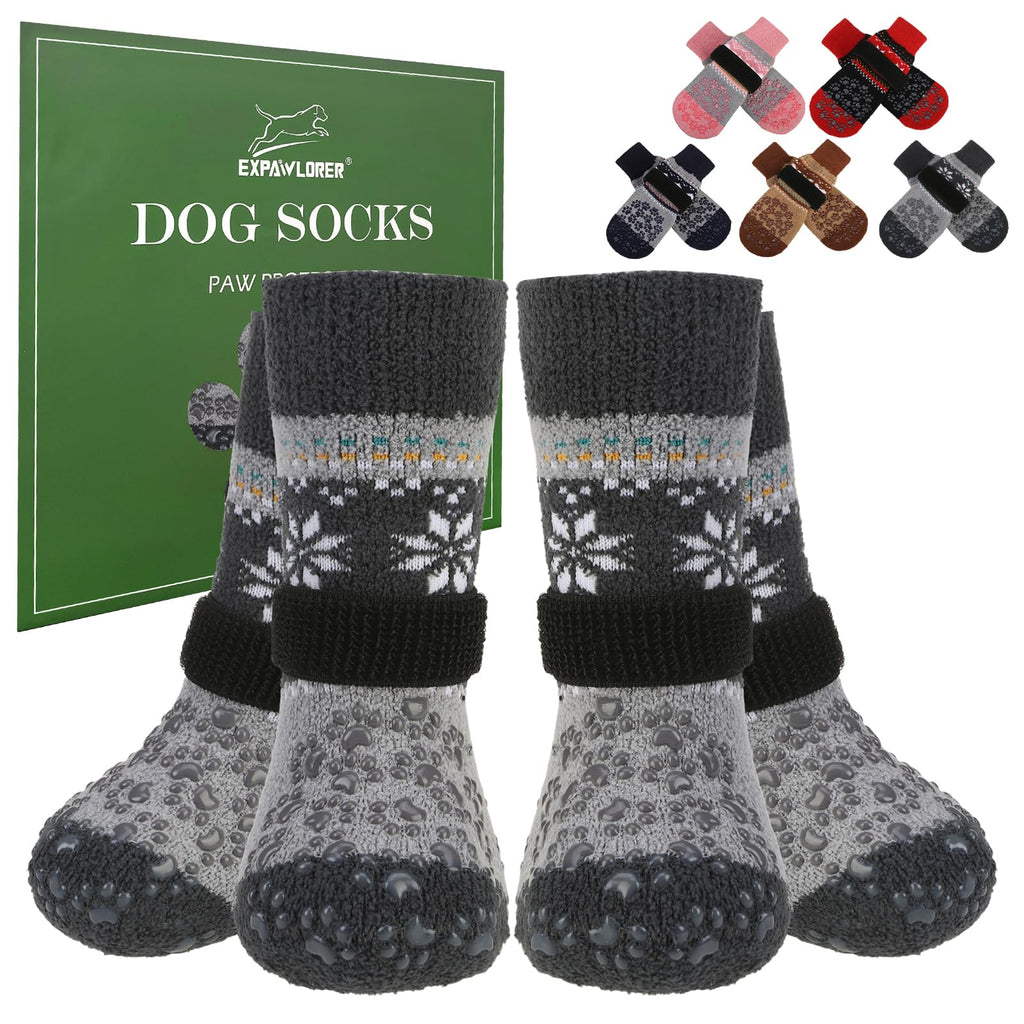 EXPAWLORER Anti Slip Dog Socks to Prevent Licking Paws, Fuzzy Dog Boots & Paw Protectors, Dog Booties for Winter, Dog Shoes for Hardwood Floors, Small Medium Large Senior Dogs,Grey M Grey