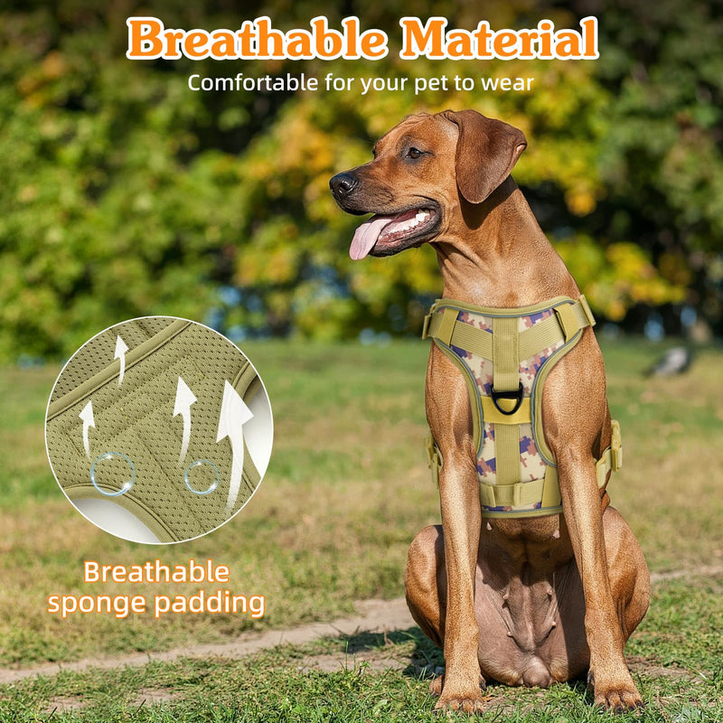 Heavy Duty Tactical Dog Harness for Large Dogs, No Pull Adjustable Pet Harness Reflective Service Training Easy Control Pet Vest Military K9 Working Dog Harnesses, Desert Camouflage, XL XL: 75-135 lbs (Chest: 26-43.3", Neck: 17.3-30.7")