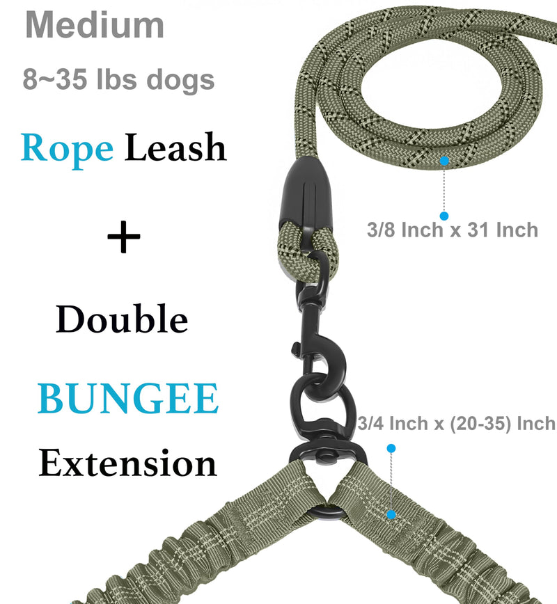 iYoShop Dual Dog Leash - 360° Swivel, No Tangle Walking Leash with Shock Absorbing Bungee for Two Dogs (Medium, 8-35 lbs, Military Green) Medium