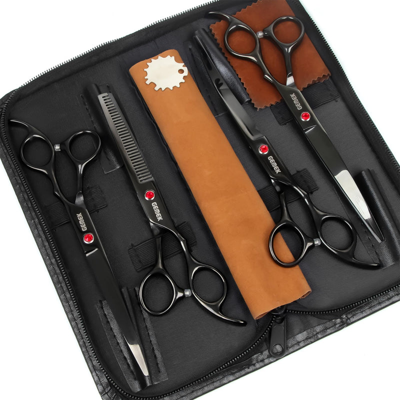 7.0in Titanium Professional Dog Grooming Scissors Set, GEMEK 6 in 1 Straight & Thinning & Upwards Curved & Downwards Curved Scissors & Comb for Dogs, Cats and Other Animals Black 7inch - PawsPlanet Australia
