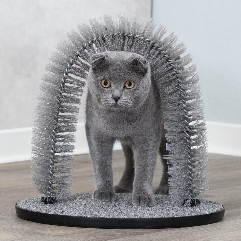 TRIXIE Cat Massager and Self Grooming Arch, Bristle Ring Brush, Carpet Base Scratcher, Cat Self Groomer, Gray, Small - PawsPlanet Australia