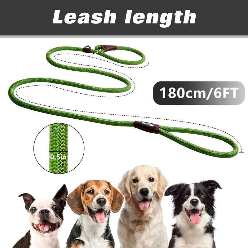 PetiFine Slip Lead Dog Leash - 6FT x 1/2" Reflective Durable Training Rope, Heavy Duty Adjustable Nylon for Small Medium Large Dogs (Green) Green 1/2" x 6 FT - PawsPlanet Australia