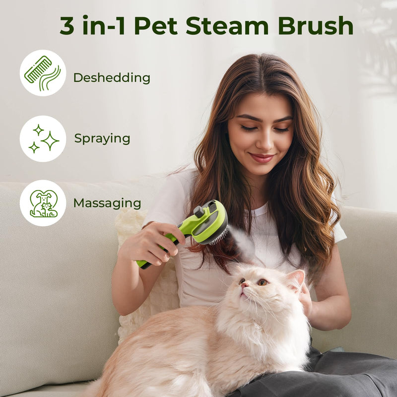 Pecute Cat Steam Brush, Self-Cleaning Steam Cat Brush with 2 Water Spray Modes, Large Capacity Tank, Steaming Renu Dog Brush for Shedding Massaging Grooming, Cool Mist Only Cool Mist-Green