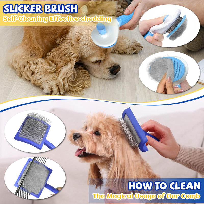 8PCS Dog Slicker Brush for Dogs Grooming Kit,Bath Grooming Kit for Pets,Hair Brush Set with Towel,Washing Gloves,Slicker Comb,and Shampoo Scrubber Brush for Small and Large Dogs and Cats(Blue) Blue
