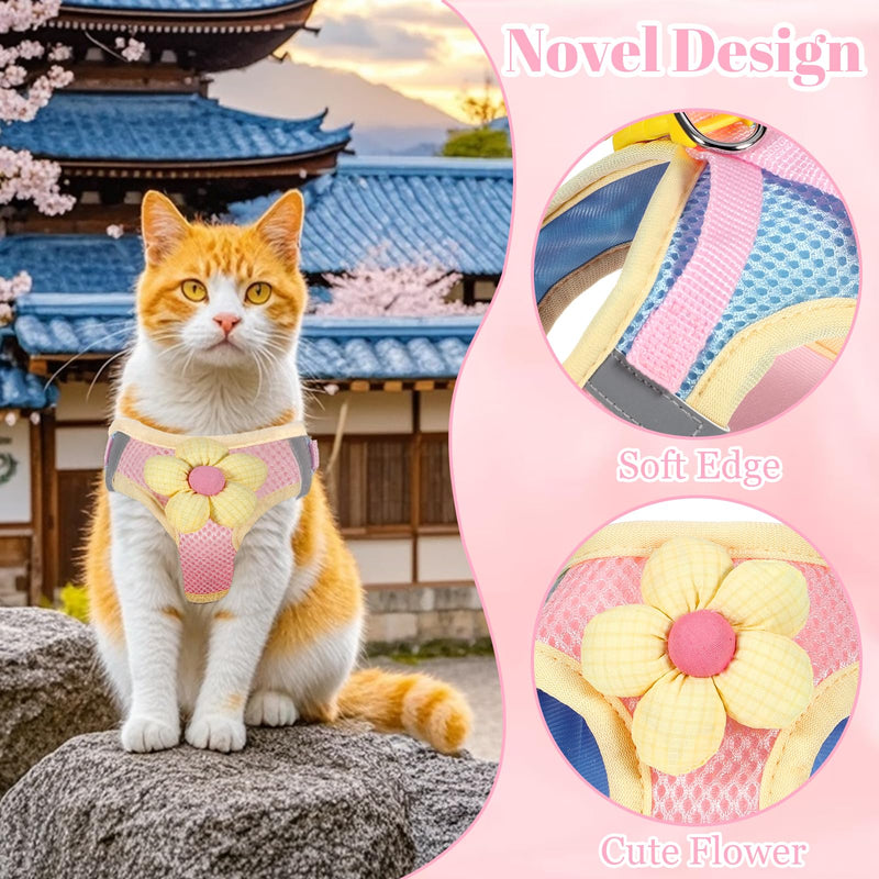 Cat Harness and Leash Set - Escape Proof Soft Adjustable Vest Harnesses for Small Cats, Kitten Harness with Reflective Strips, Pink Flower Design - PawsPlanet Australia